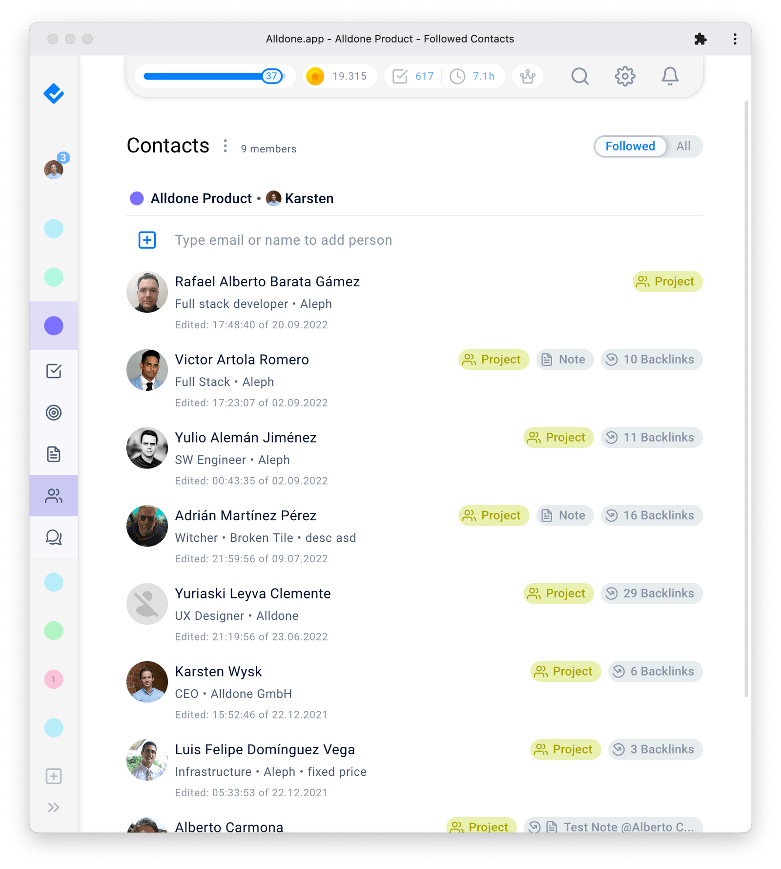 Alldone.app Contacts Interface