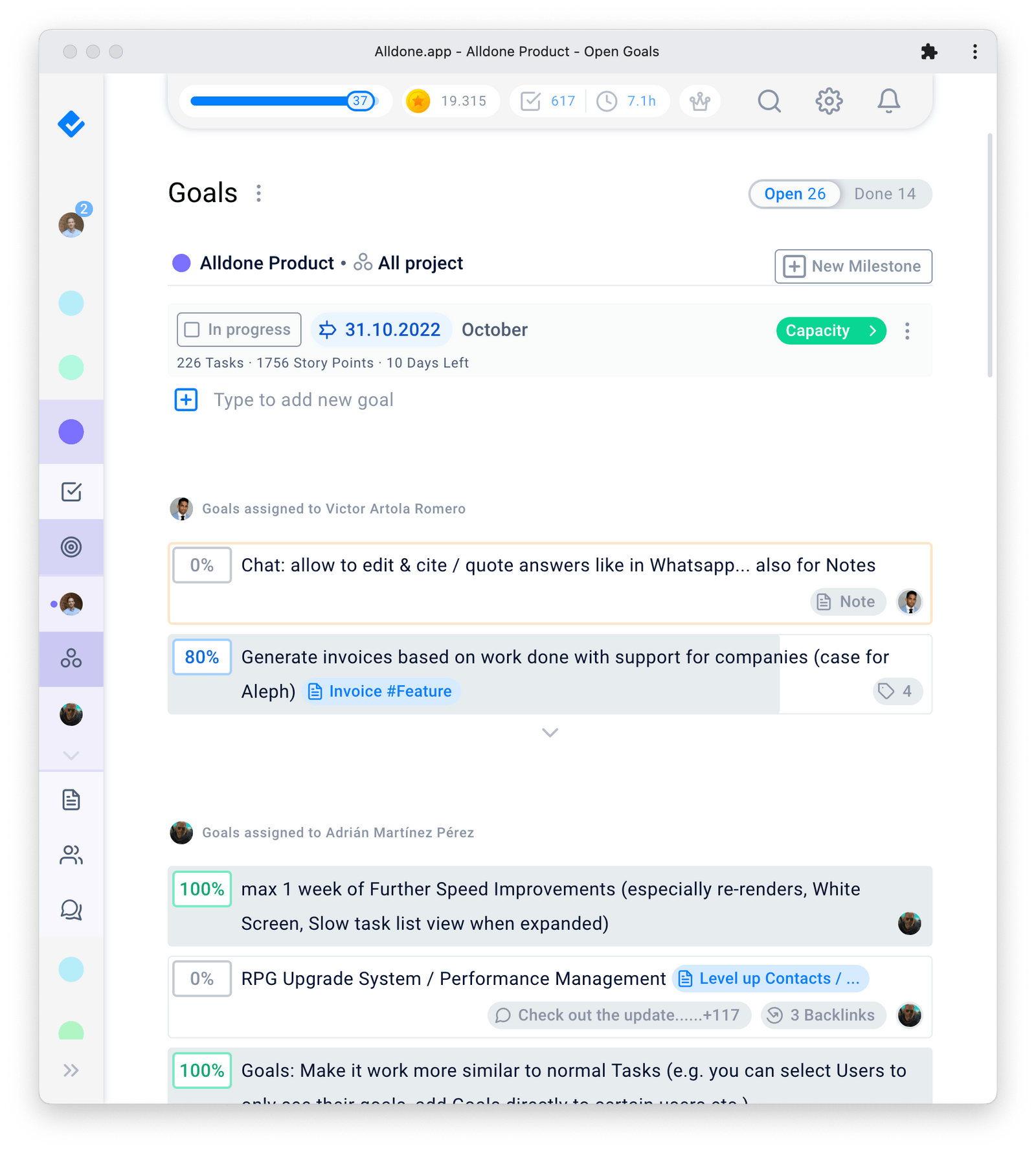 Alldone.app Goals Interface