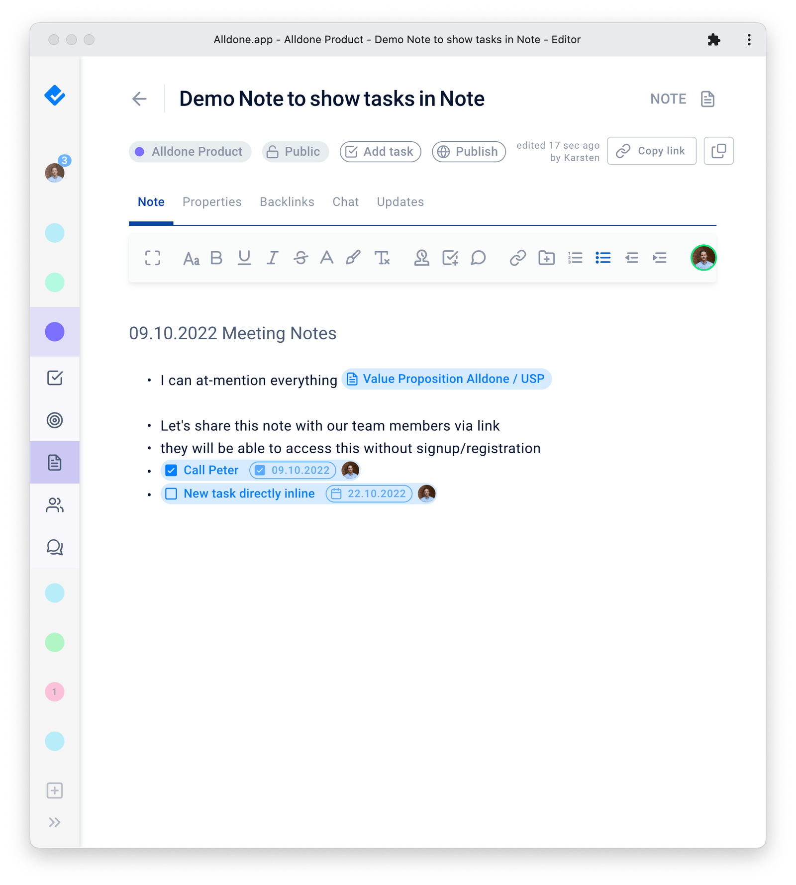 Alldone.app Notes Interface