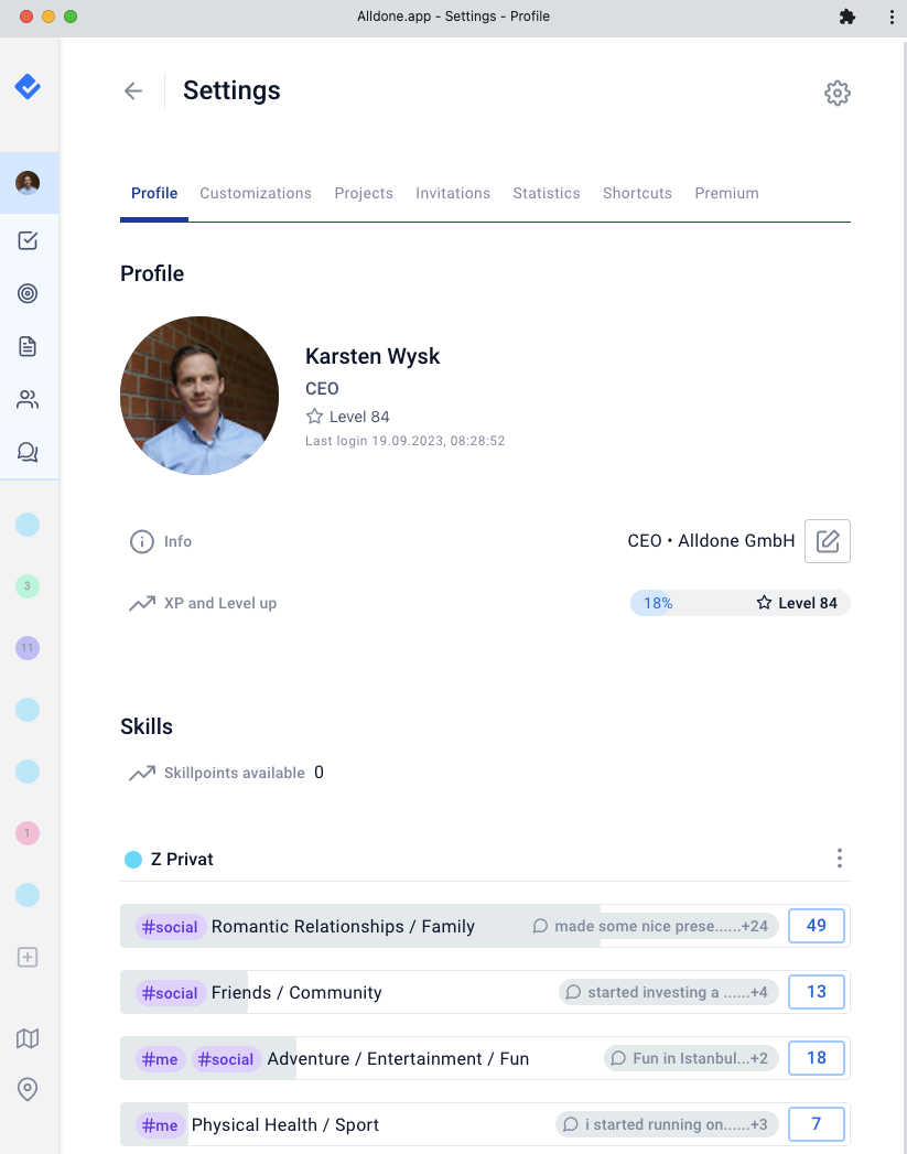 Alldone.app Personal Growth Interface