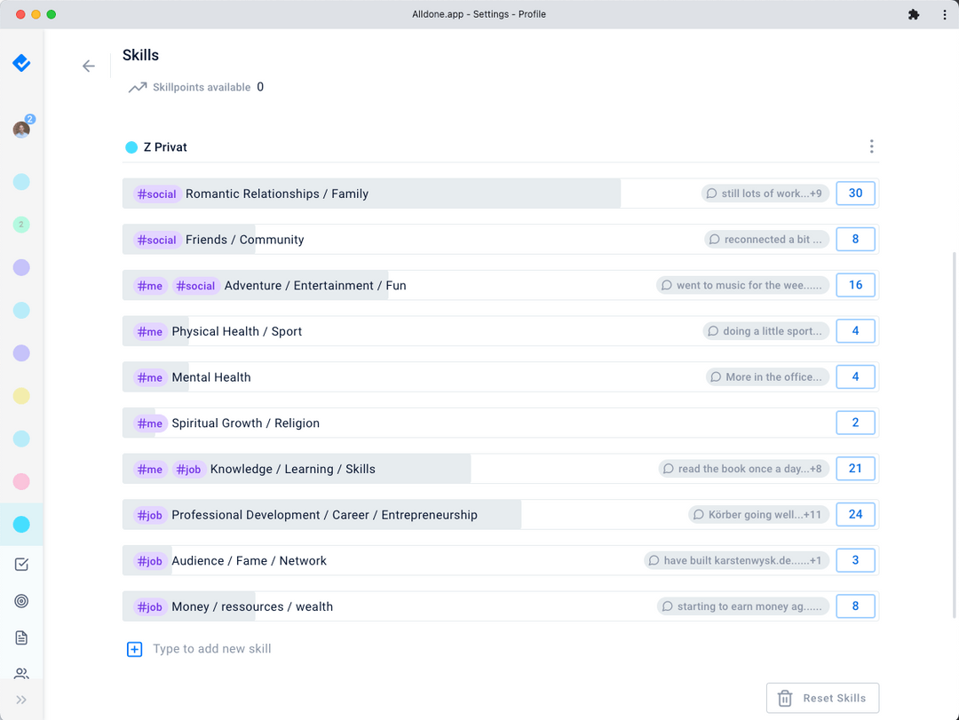 Personal skills development interface