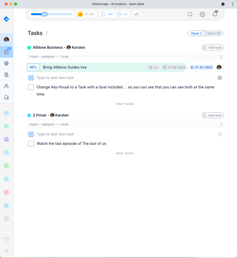 Alldone.app Tasks Interface